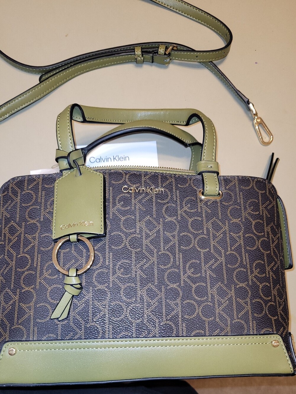 NWT - Calvin Klein Olive and Brown Monogram Satchel.